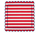 Red and white striped cloth napkin with scalloped edges and navy trim for classic dining table decor