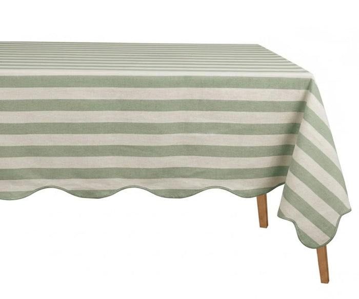 sage  green and white striped tablecloth on rectangular table