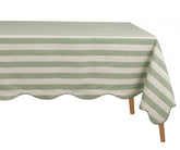 sage  green and white striped tablecloth on rectangular table
