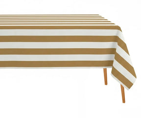 Mustard yellow striped cotton linen rectangle tablecloth, warm-toned fabric for boho and farmhouse dining aesthetics