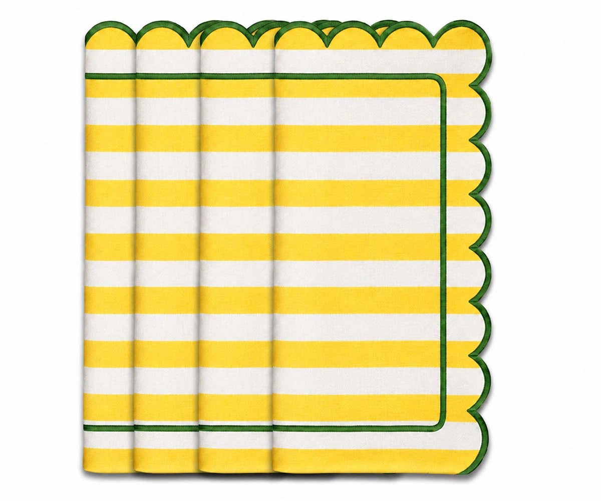 Bright yellow striped dinner napkin with green edging, decorative table accessory for spring gatherings, brunch parties, outdoor dining, and family celebrations