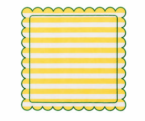 Yellow and green striped cotton napkin with decorative scalloped edge trim, colorful cloth table napkin for dining table setting.