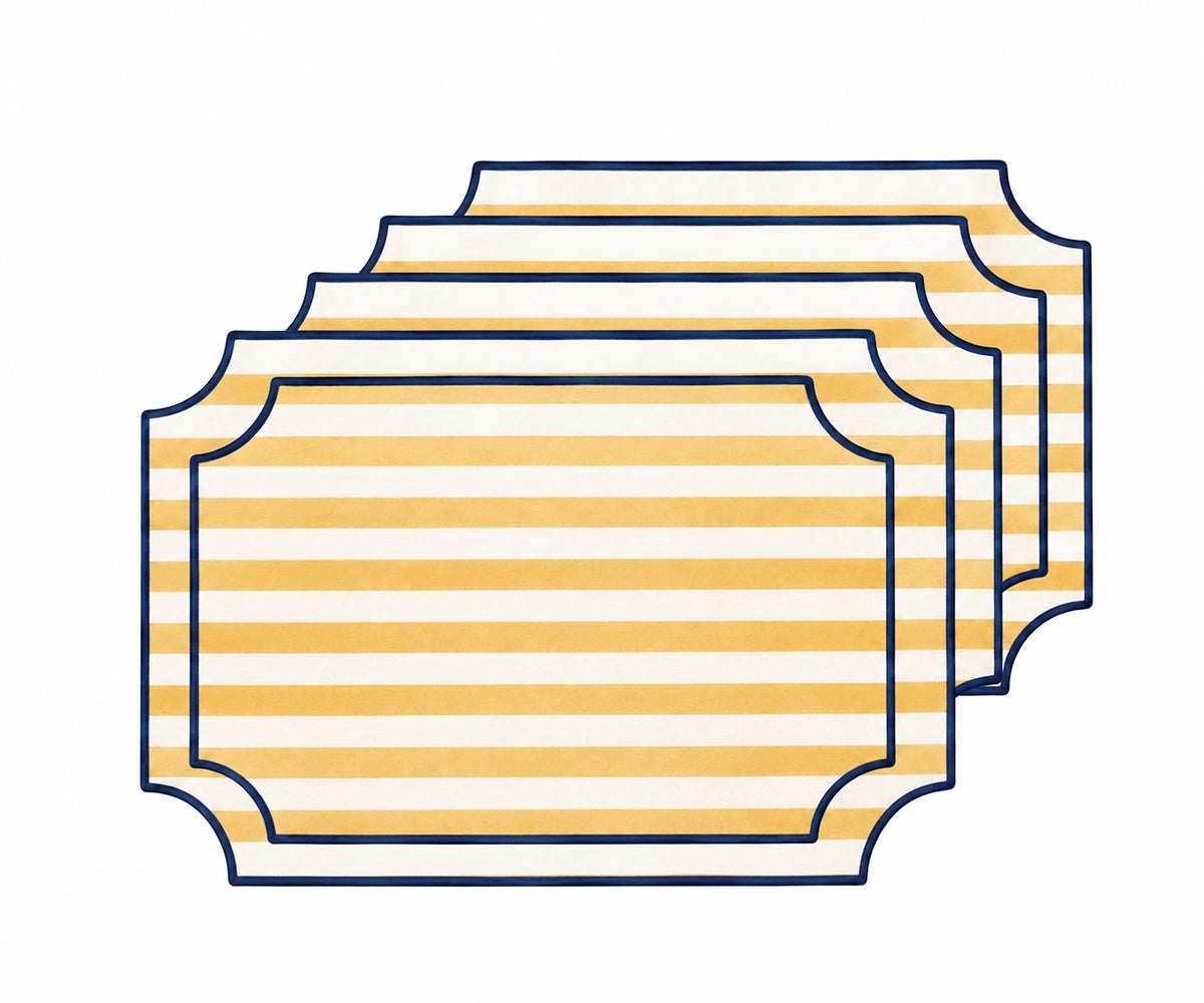 Yellow and white striped cotton placemat with navy piping, Cabana striped placemat for dining table and farmhouse table decor