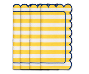 Yellow white cabana stripe scalloped cloth napkin with navy edging for summer table settings and entertaining