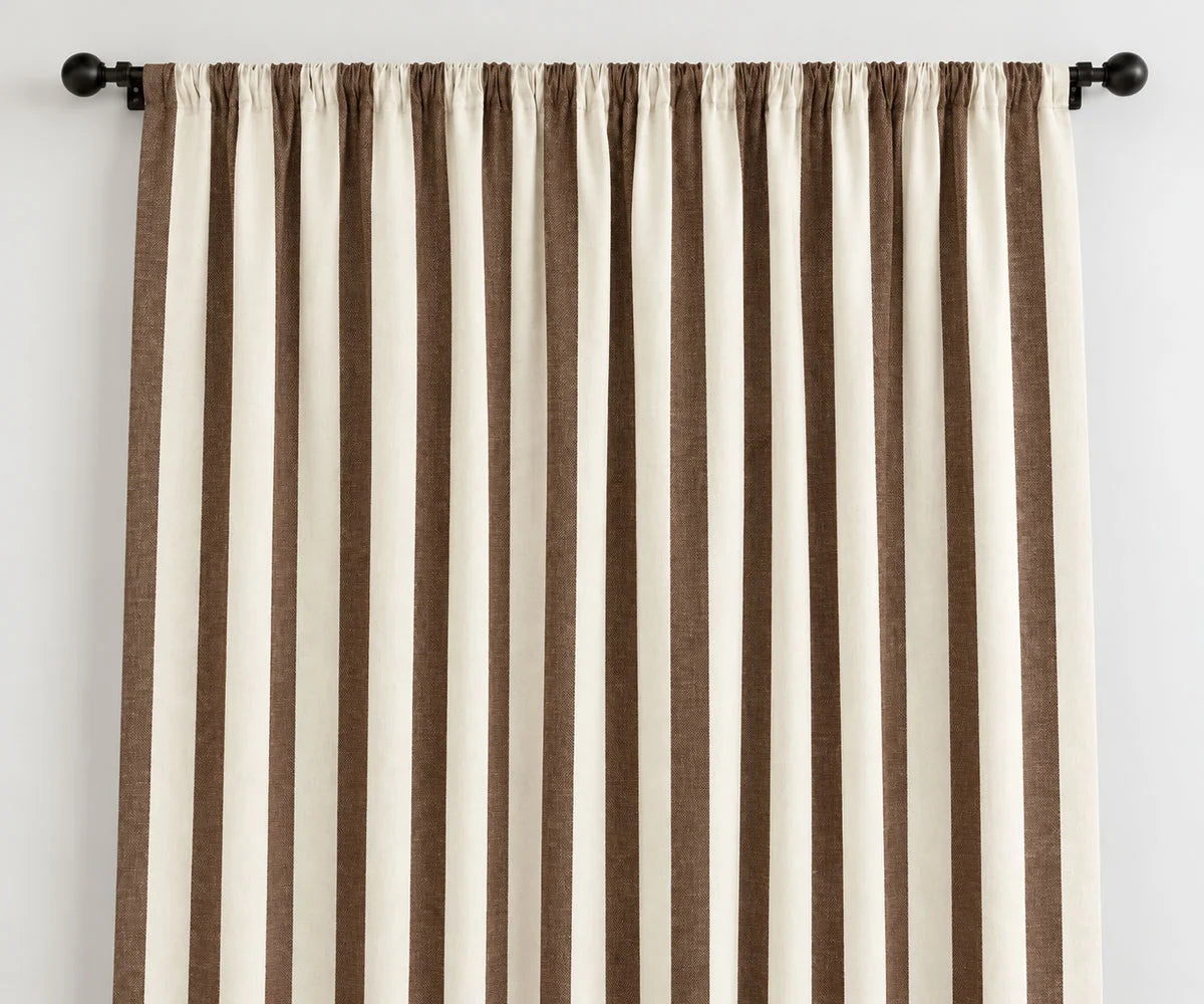 Coffee brown striped cotton curtains with classic vertical cabana stripes, washable 100% cotton fabric, and versatile rod pocket and back tab hanging options