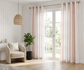 Blush cotton stripe window panels for farmhouse and cottage style living rooms