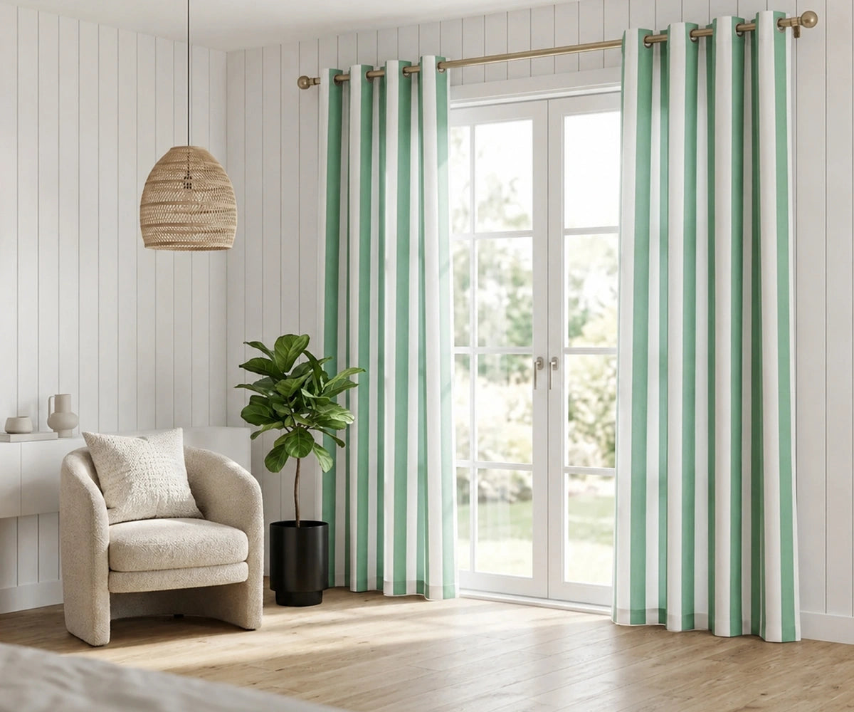 Green striped cotton curtains with a classic vertical cabana stripe pattern, breathable 100% cotton fabric, and washable design for bedroom and living room windows