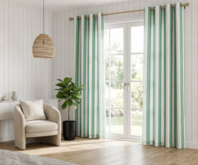 Green striped cotton curtains with a classic vertical cabana stripe pattern, breathable 100% cotton fabric, and washable design for bedroom and living room windows