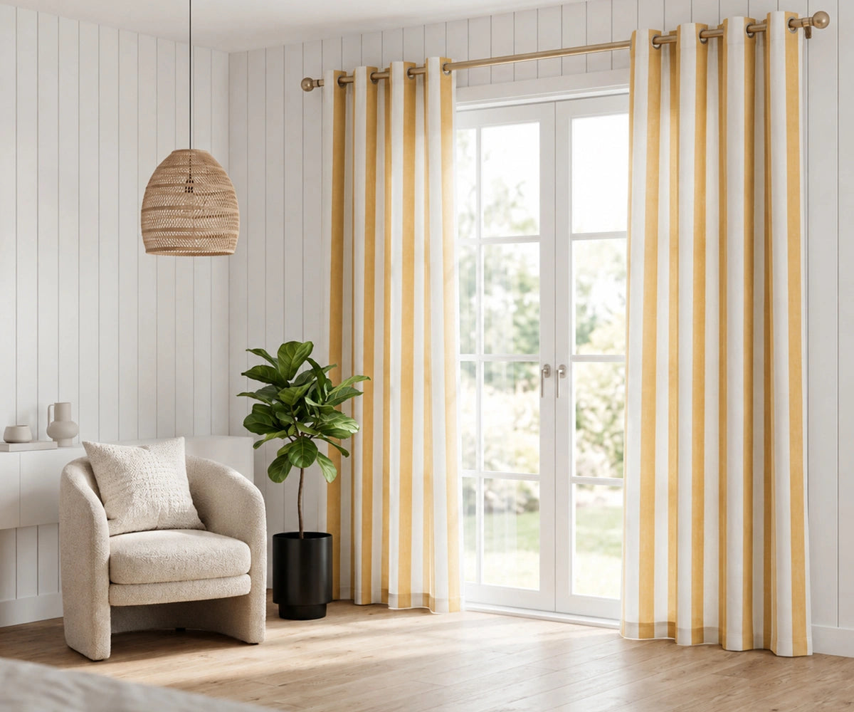 Yellow striped cotton window panels with a relaxed natural texture, perfect for cottage, farmhouse, and classic interiors.