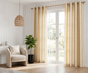 Yellow striped cotton window panels with a relaxed natural texture, perfect for cottage, farmhouse, and classic interiors.