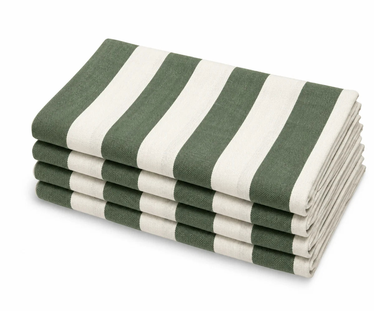 Stack of four cotton cloth dinner napkins featuring wide forest green and off-white cabana stripes