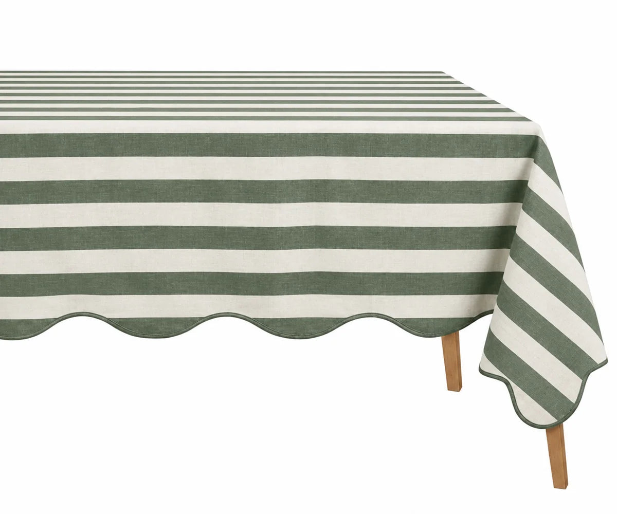 Forest green striped cotton tablecloth with scalloped edge, perfect for elegant dining table décor. This 100% cotton striped tablecloth adds timeless charm to weddings, dinner parties, and everyday dining.