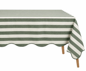 Forest green striped cotton tablecloth with scalloped edge, perfect for elegant dining table décor. This 100% cotton striped tablecloth adds timeless charm to weddings, dinner parties, and everyday dining.