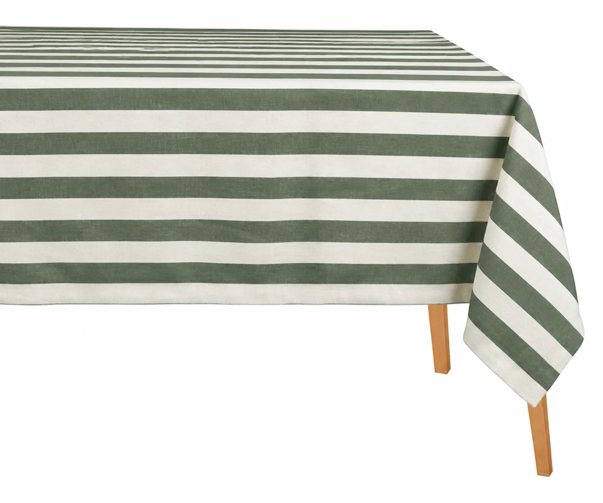 Forest green cabana stripe tablecloth for farmhouse décor, wedding receptions, and everyday dining.