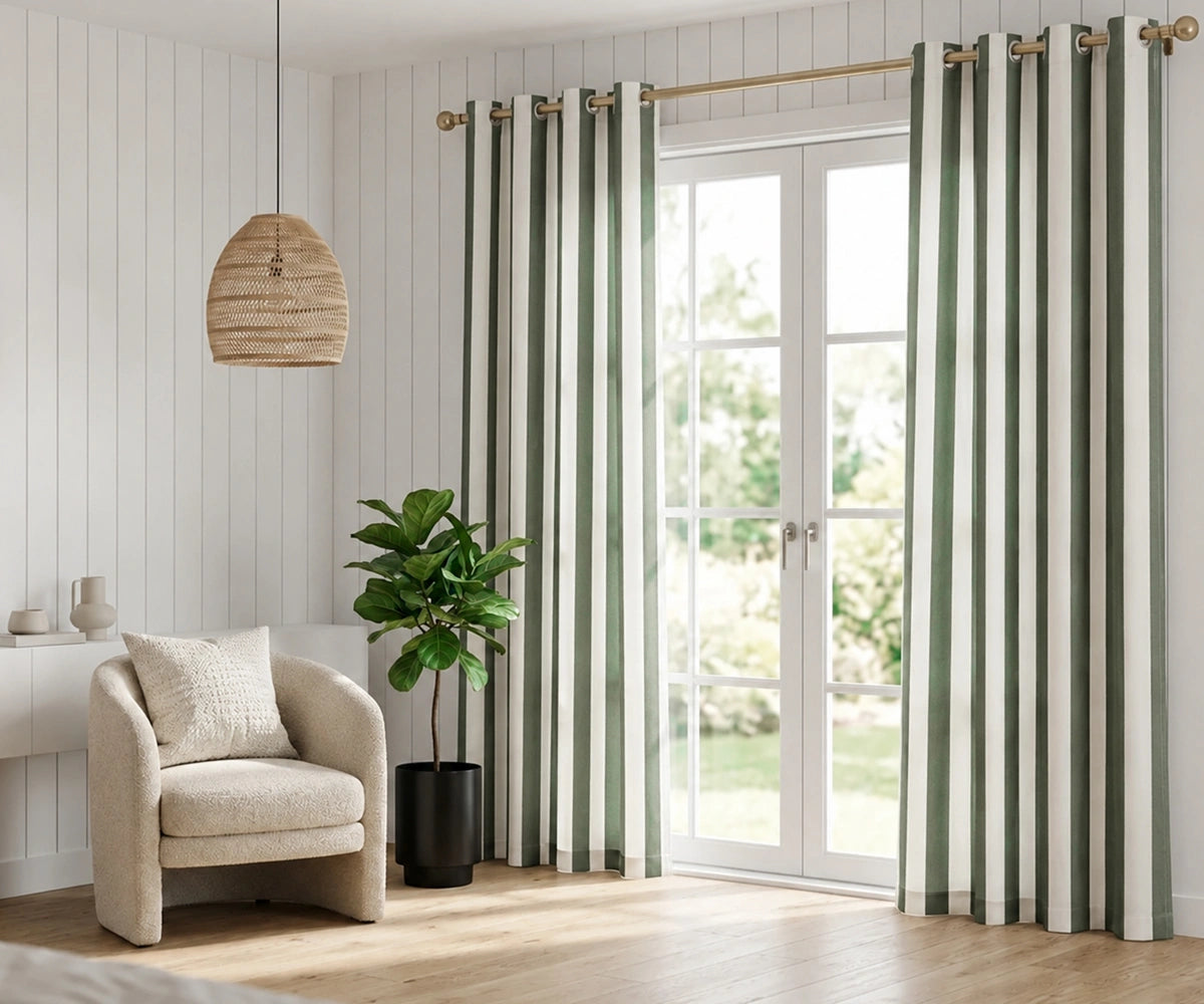 Forest green cotton stripe window panels featuring a classic cabana pattern for farmhouse and coastal home decor