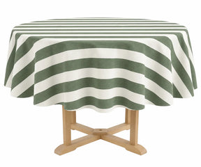 Forest green striped cotton linen round tablecloth with a classic pattern, ideal for dining table decor, everyday meals, and special gatherings.