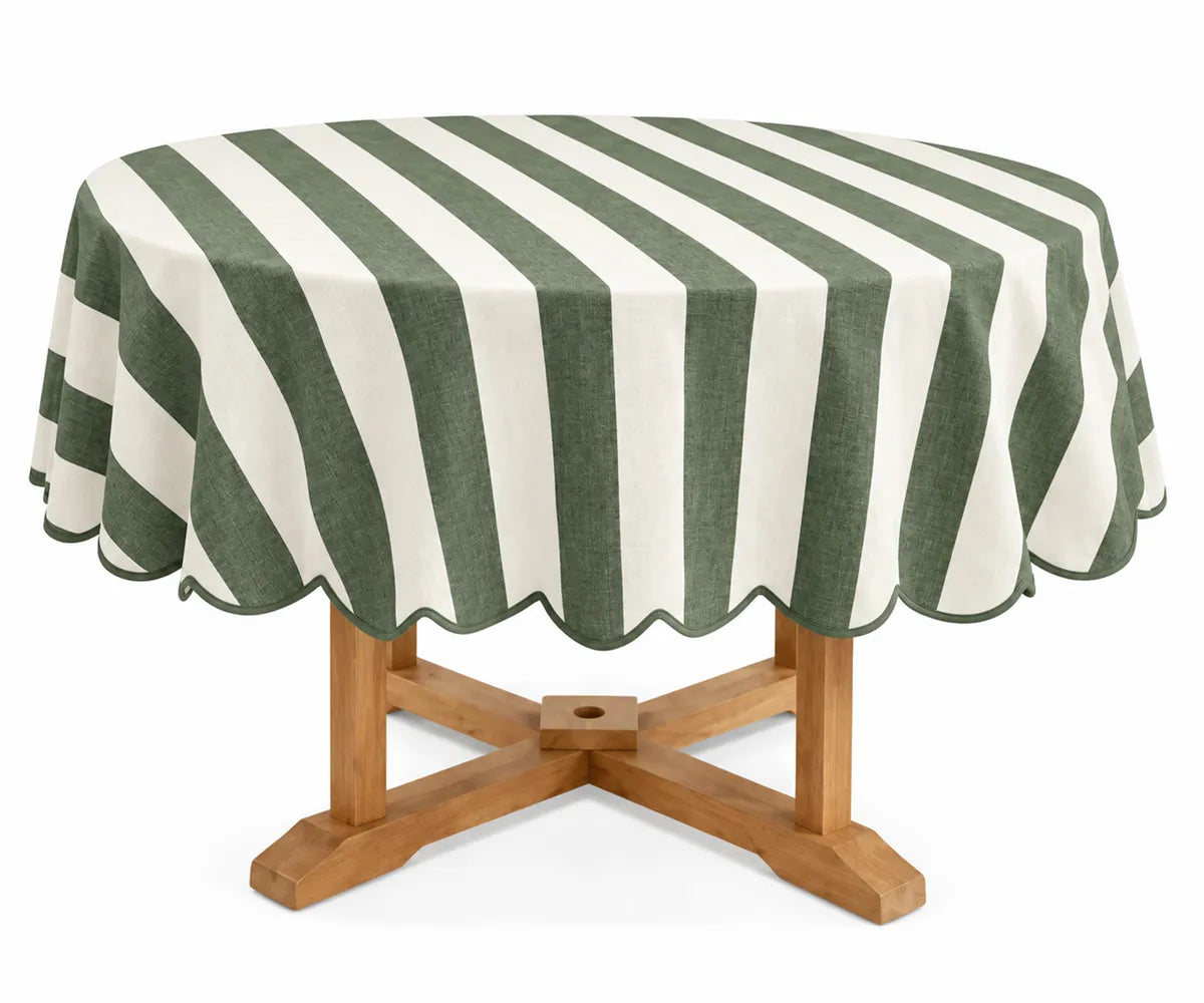 Forest green striped cotton linen round tablecloth for dining table decor, featuring a classic design for everyday meals and special gatherings.