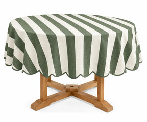 Forest green striped cotton linen round tablecloth for dining table decor, featuring a classic design for everyday meals and special gatherings.
