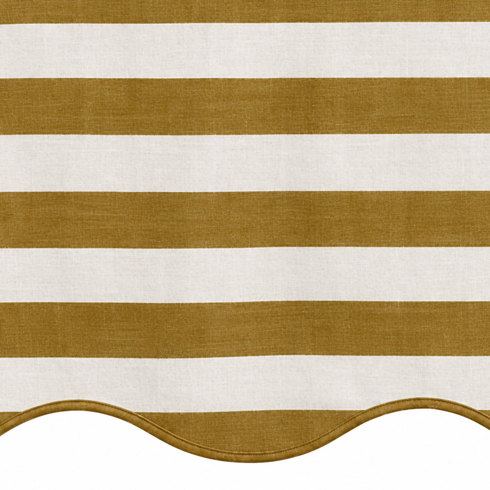 Mustard yellow and white striped fabric swatch for fall table decor and warm-toned dining linens.