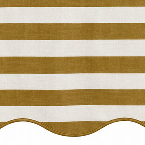 Mustard yellow and white striped fabric swatch for fall table decor and warm-toned dining linens.