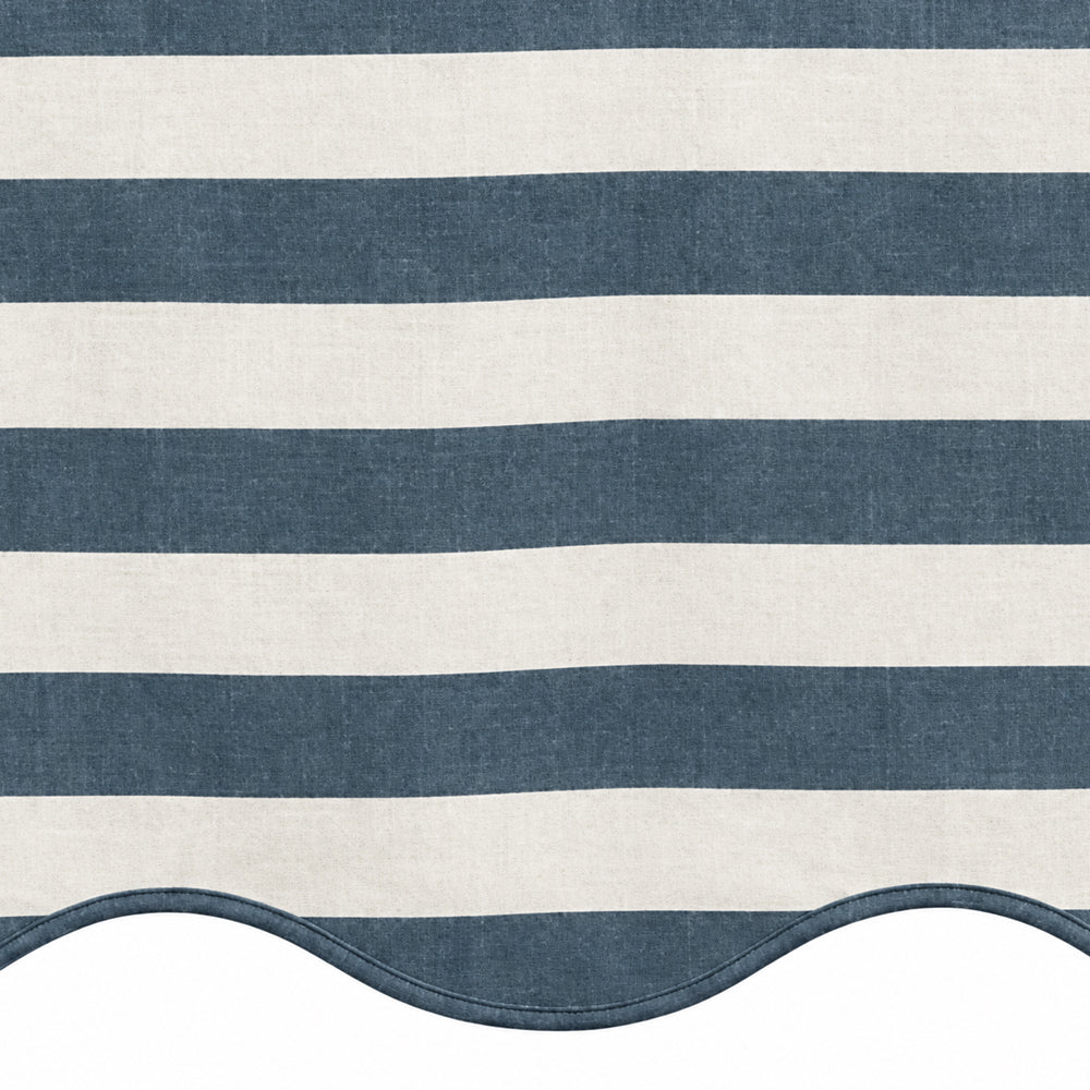 Ocean blue and white cabana stripe fabric swatch for coastal-inspired table linens and home decor.