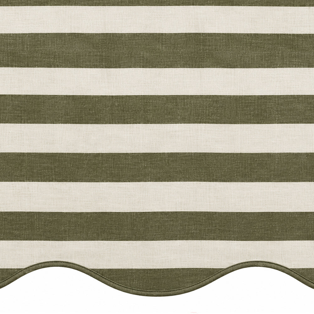 Olive green and white cabana stripe fabric swatch for natural-toned dining decor and everyday table linens.