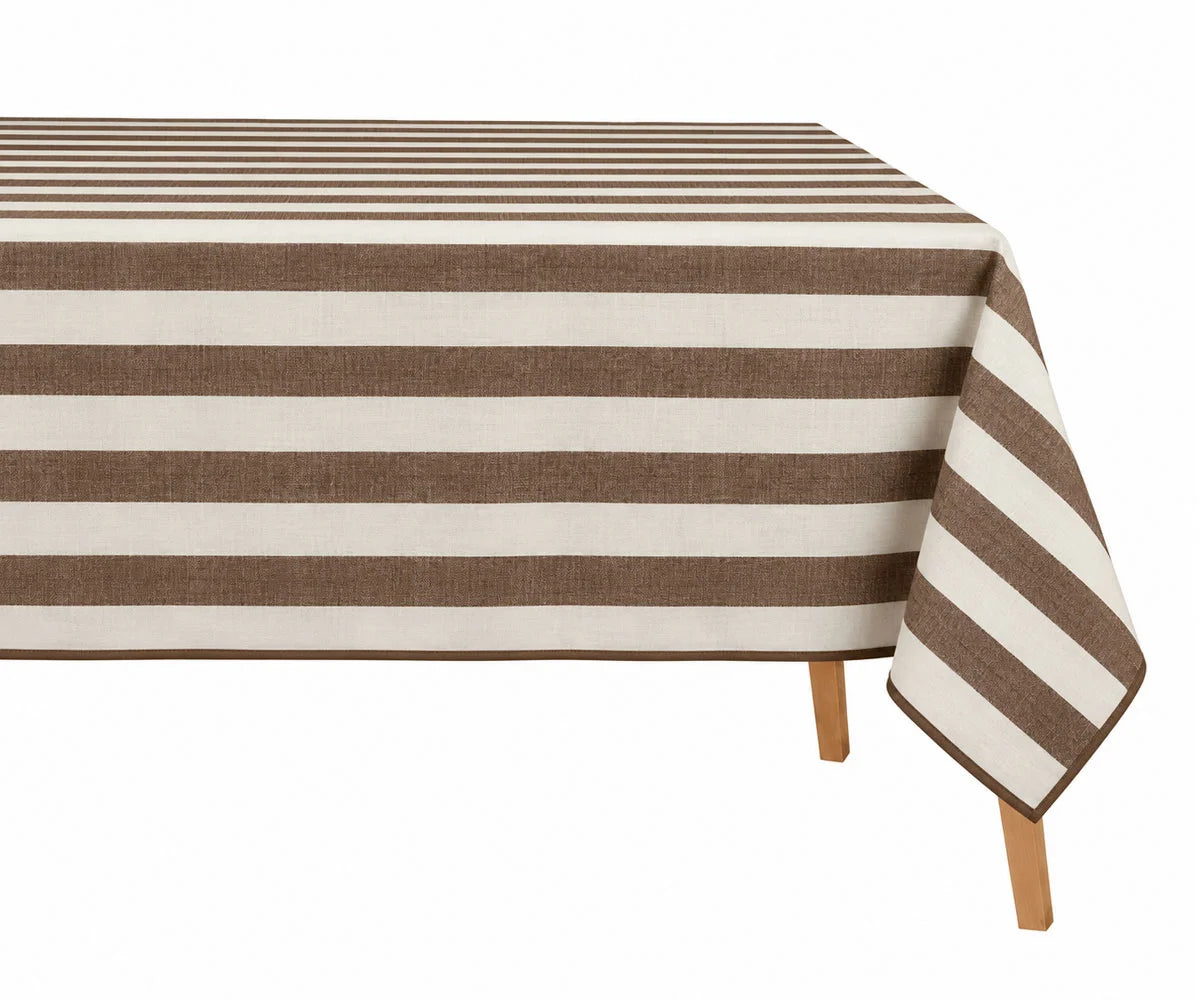 A rectangular table covered with a striped tablecloth featuring alternating medium brown and off-white horizontal stripes, shown against a plain white background with the table legs visible underneath.