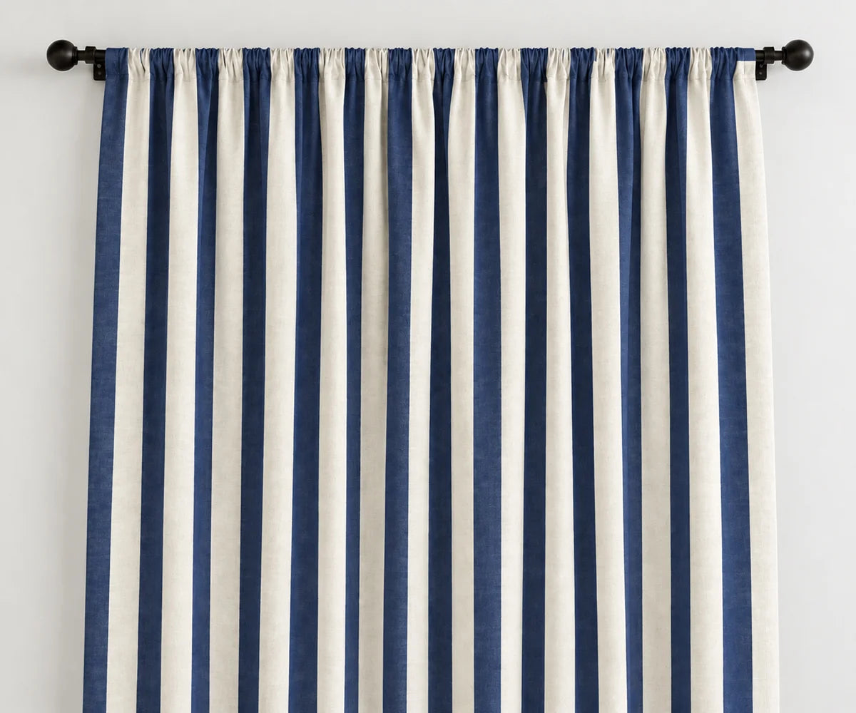 Blue cabana striped cotton curtains, 100% cotton cabana stripe window panels for coastal farmhouse home decor
