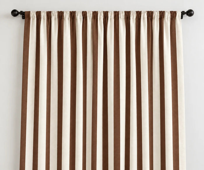 Coffee brown cabana stripe curtains in 100% cotton, warm neutral farmhouse window panels for bedroom living room and dining room