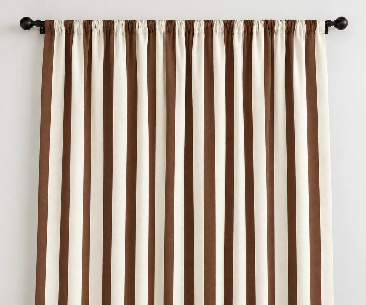 Coffee brown cabana stripe curtains in 100% cotton, warm neutral farmhouse window panels for bedroom living room and dining room