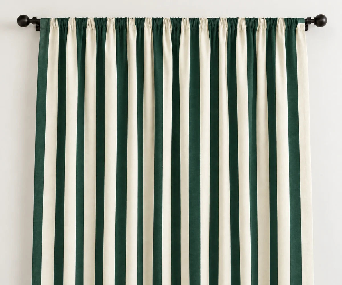 Dark green and white striped cotton curtains, washable cabana stripe window panels for farmhouse and rustic home decor