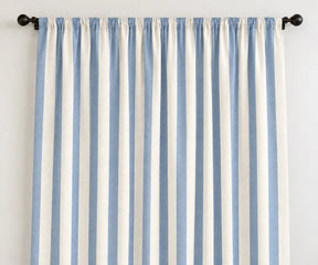 Dusty blue cabana striped cotton curtains, washable cabana window panels for coastal farmhouse and cottage decor