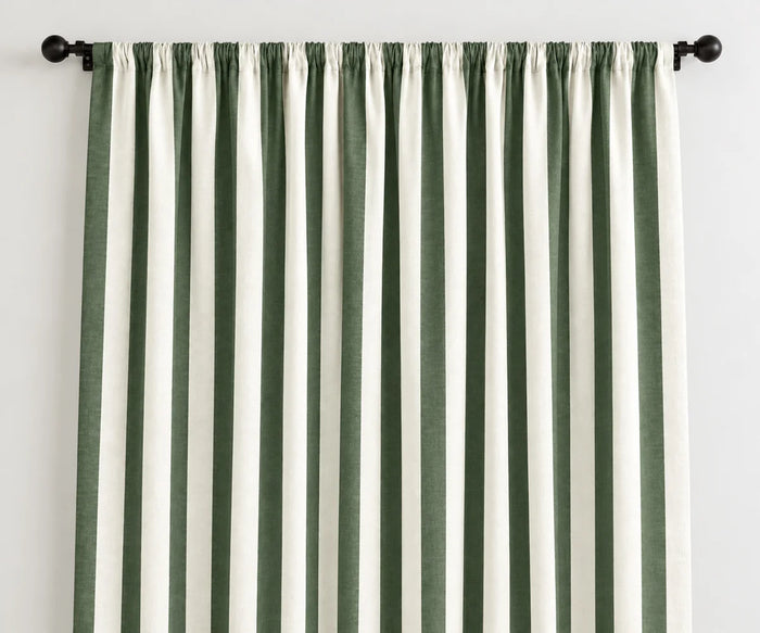 Forest green and white striped cotton curtains, washable cabana window panels for farmhouse and rustic home decor