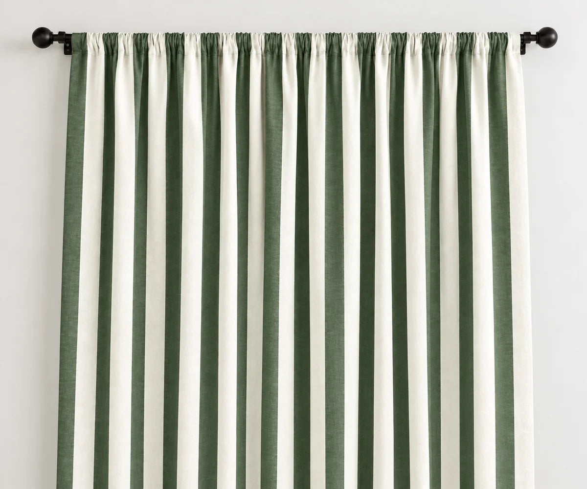 Forest green and white striped cotton curtains, washable cabana window panels for farmhouse and rustic home decor