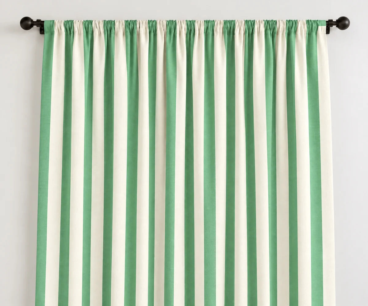 Green striped cotton curtains with classic cabana pattern, 100% cotton window panels for kitchen bedroom and living room