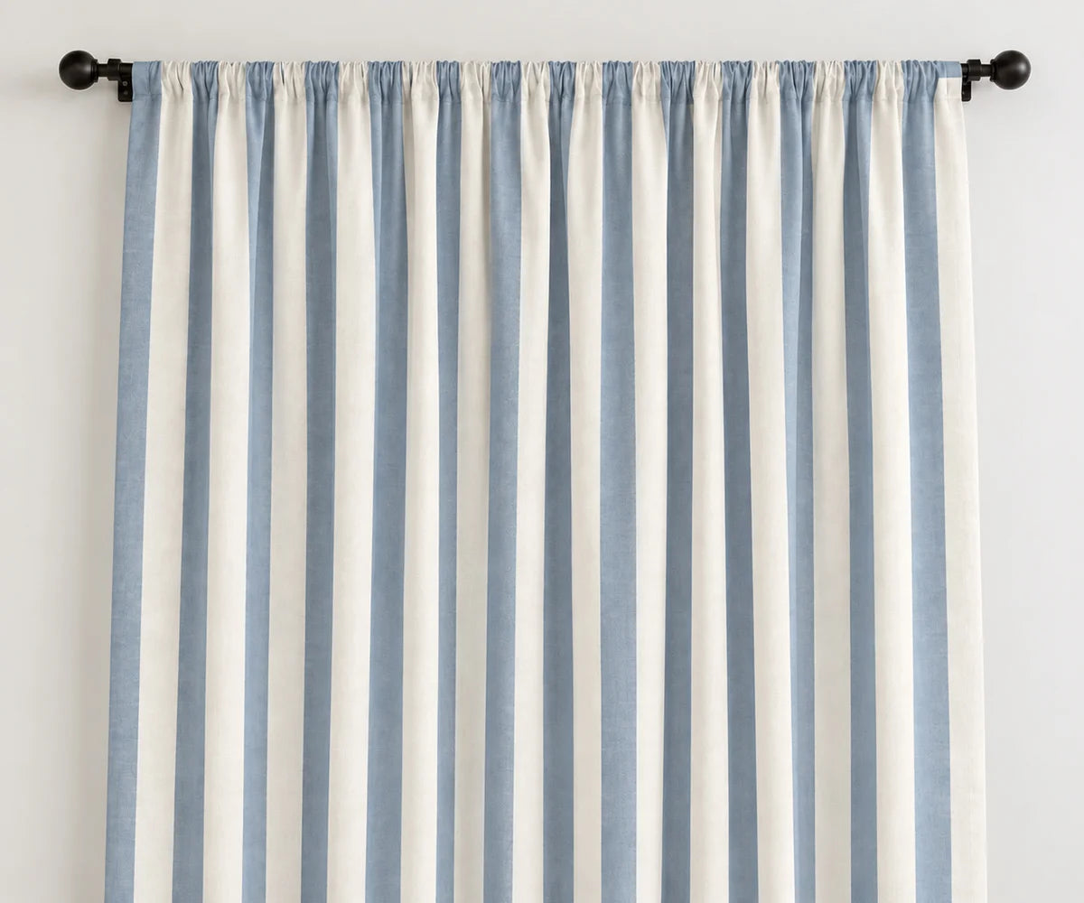 Light blue and white striped cotton curtains, washable cabana window panels for coastal farmhouse and cottage decor