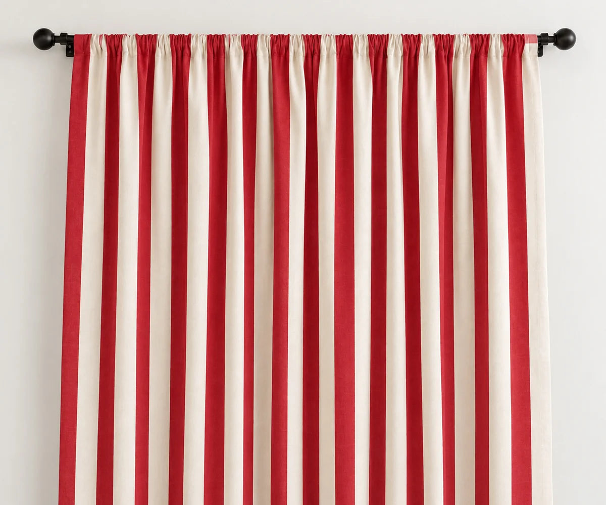 Red cabana striped cotton curtains with classic vertical cabana pattern, 100% cotton window panels for cottage and traditional homes