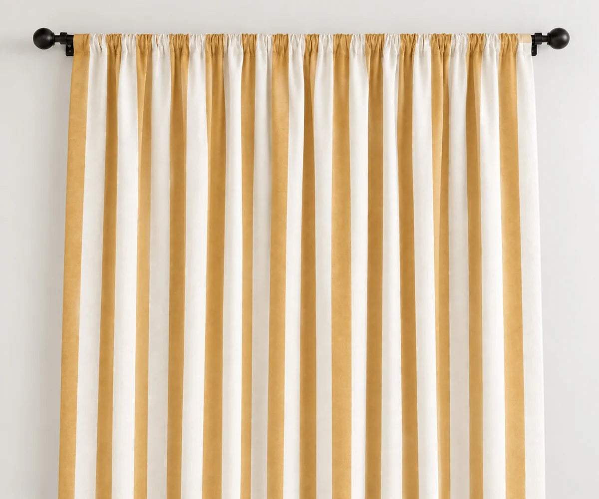 Yellow striped cotton curtains with classic cabana design, 100% cotton window panels for bright cottage and dining room interiors