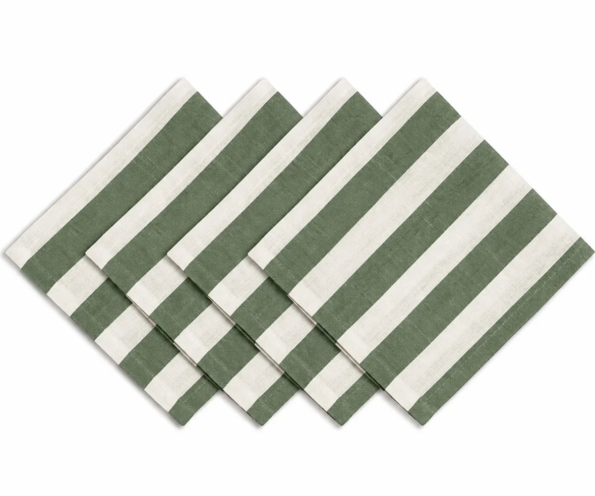 Set of 4 forest green cabana striped linen cotton cloth napkins.