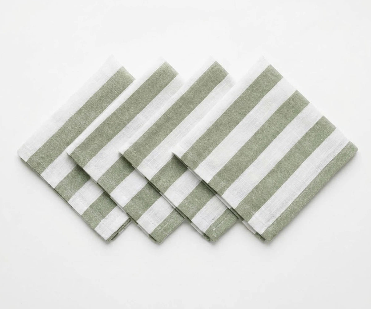 Durable washable fabric napkins with cabana stripe Sage Green Napkins, Farmhouse Table Linens for Spring Tablescapes and Garden Parties.