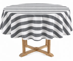 A round table covered with a charcoal and off-white striped tablecloth, shown on a light wood pedestal table against a plain white background.