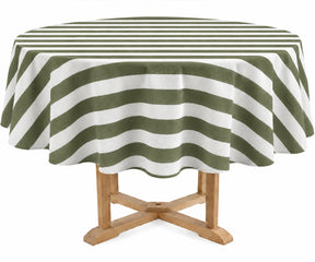 A round table covered with a olive and off-white striped tablecloth, shown on a light wood pedestal table against a plain white background.