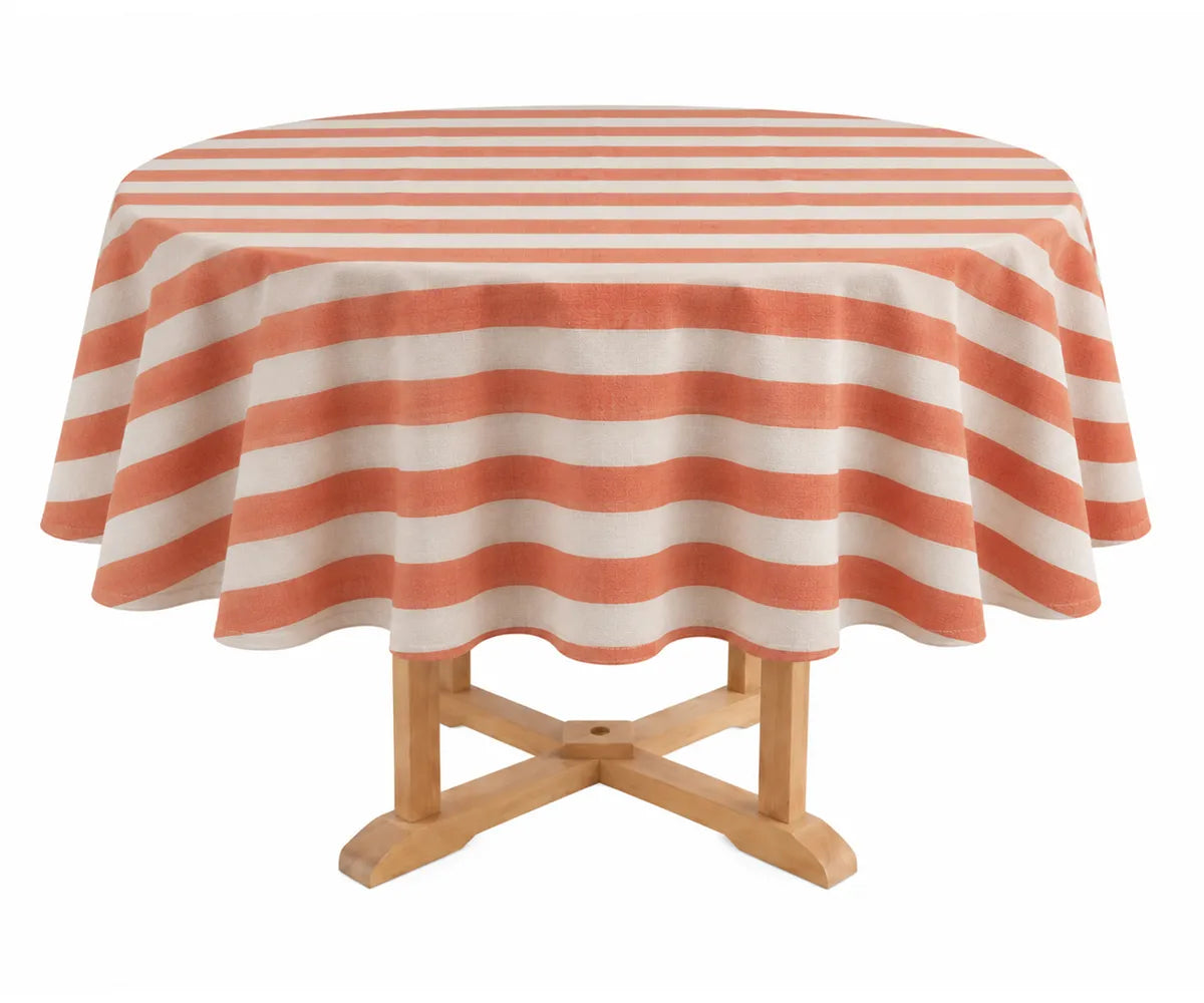 Round cabana striped cotton linen tablecloth with scalloped edge piping for dining table