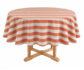 Round cabana striped cotton linen tablecloth with scalloped edge piping for dining table