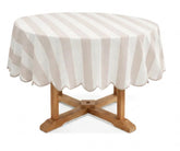 Blush and white cabana striped round tablecloth with scalloped edge, cotton linen blend tablecloth for dining table, farmhouse décor, brunch gatherings, wedding receptions, and everyday entertaining