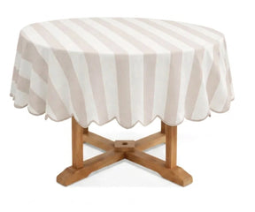 Blush and white cabana striped round tablecloth with scalloped edge, cotton linen blend tablecloth for dining table, farmhouse décor, brunch gatherings, wedding receptions, and everyday entertaining