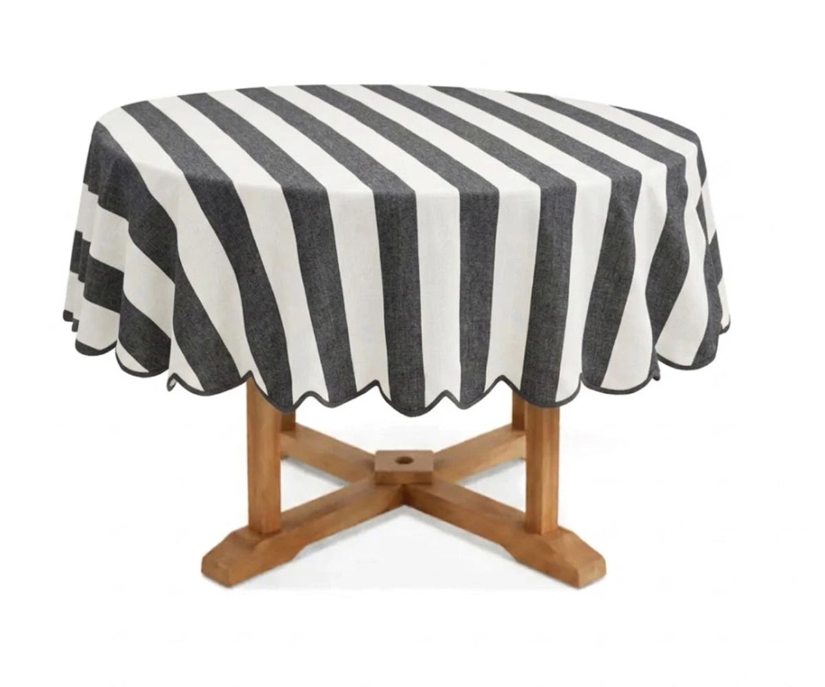 Charcoal and white cabana striped round tablecloth with scalloped trim, cotton linen tablecloth for modern dining rooms, outdoor gatherings, farmhouse tables, and elegant entertaining