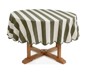 Sage green and white cabana striped round tablecloth with scalloped edge, cotton linen blend table cover for spring tablescapes, garden parties, farmhouse décor, and everyday dining