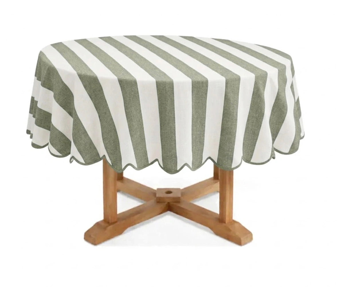 Sage green and white cabana striped round tablecloth with scalloped edge, cotton linen blend table cover for spring tablescapes, garden parties, farmhouse décor, and everyday dining