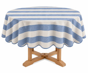 Cabana style striped round tablecloth in cotton linen blend for dining, entertaining, and special occasions